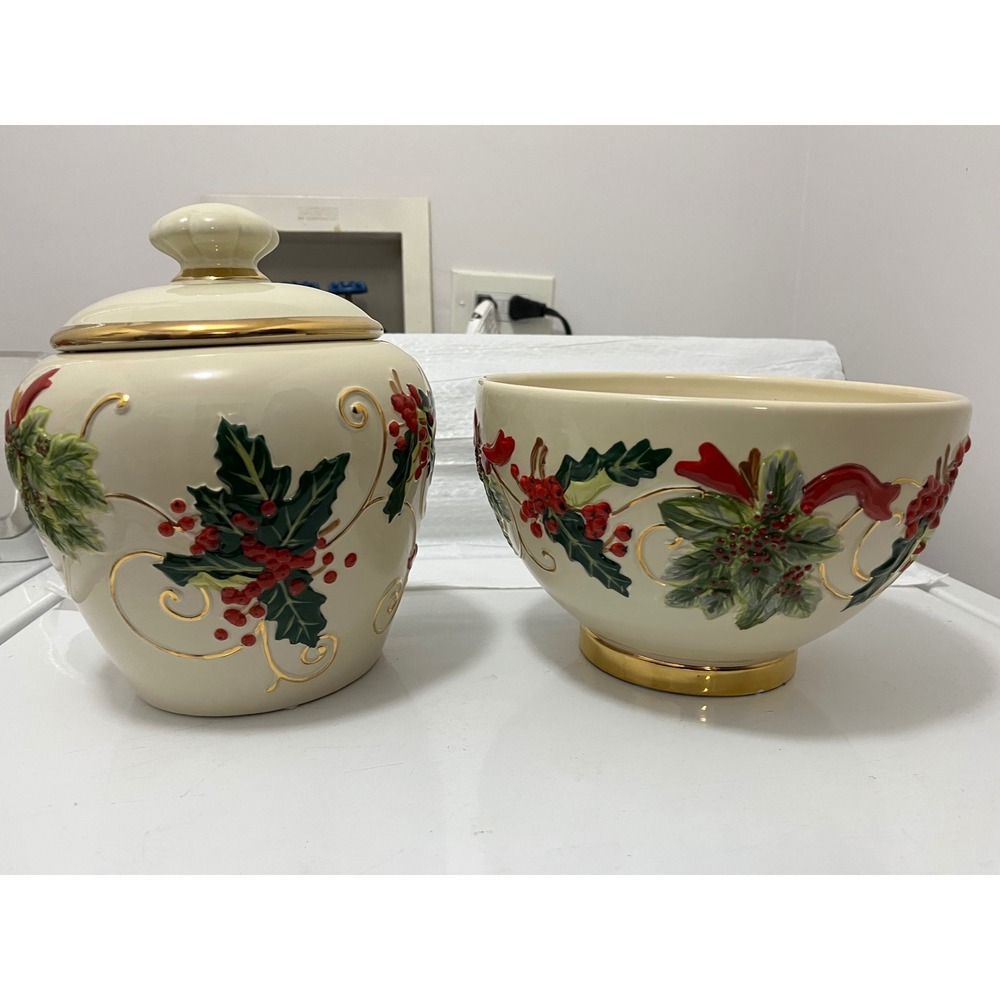 Cheryl & Co Christmas Holly Berry Ceramic Canister and Serving Bowl Set Gold